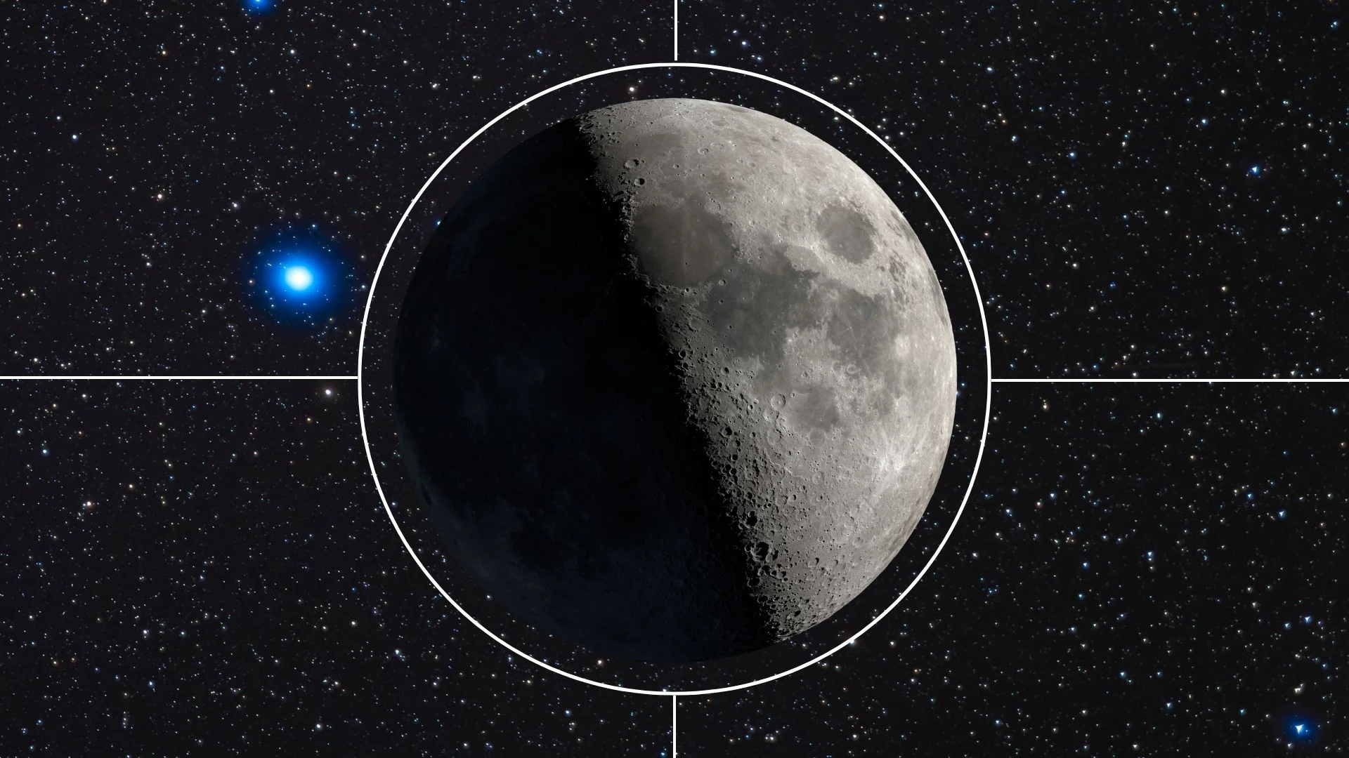 The moon is pictured with its right half lit and its left lost in shadow, surrounded by a white circle with four lines branching outward. A bright blue star is visible to the left of the lunar disk.