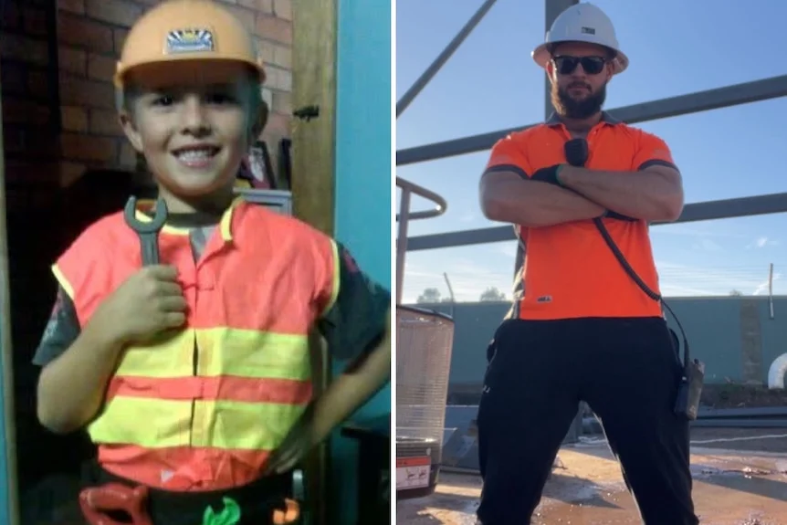 Collage of boy in construction gear, man in construction gear