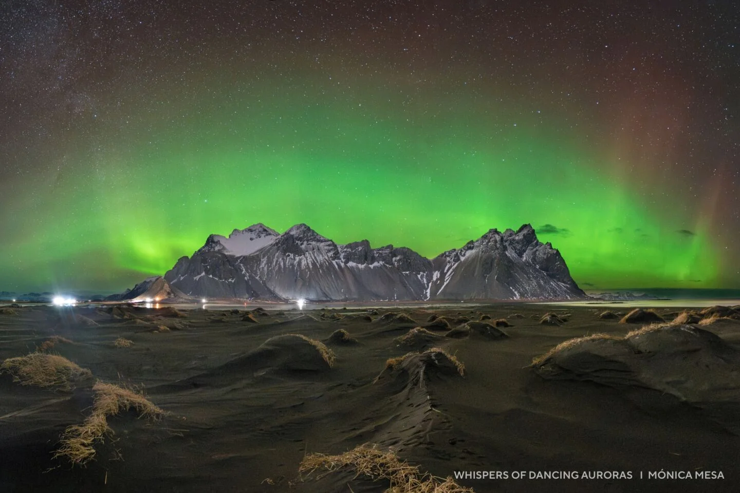 Bright green aurora borealis lights up the 2025 night sky above snow-capped mountains and a dark, sandy foreground with scattered tufts of grass.
