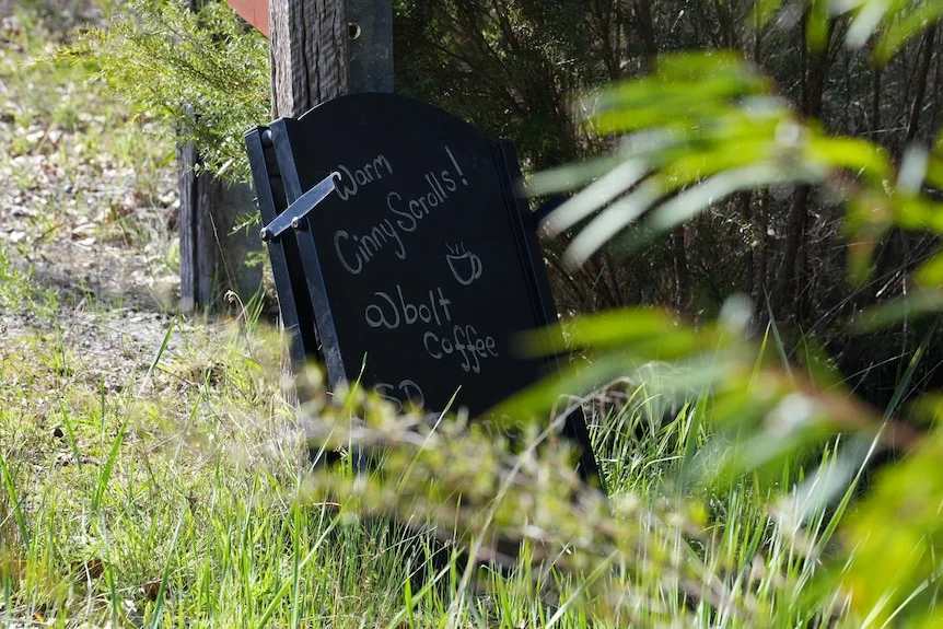 a sign in the bush reading warm cinny scrolls and coffee.