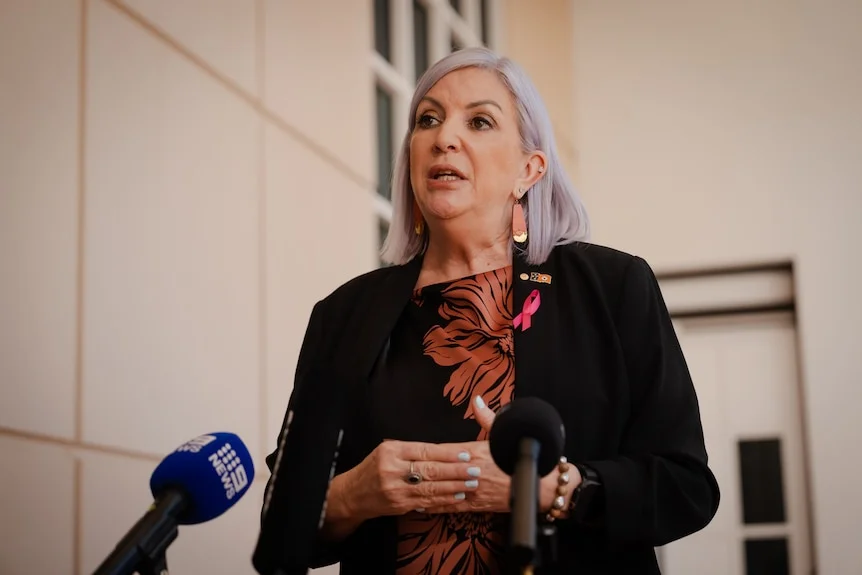 A politician speaking at a microphone