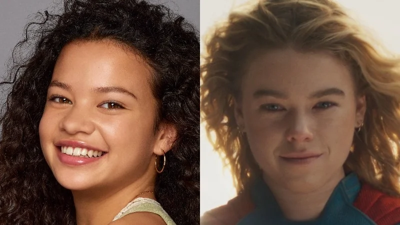 A composite of Lagaʻaia smiling in a headshot with Alcock as Supergirl smiling as she floats in the sky.