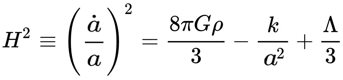 Friedmann equation: H squared equals open parenthesis a dot over a closed parenthesis squared, equals 8 pi G rho over 3 minus k over a squared plus capital Lambda over 3. This fundamental equation connects the expansion rate of the Universe to its matter content, curvature, and cosmological constant, playing a crucial role in determining the size of the observable Universe.