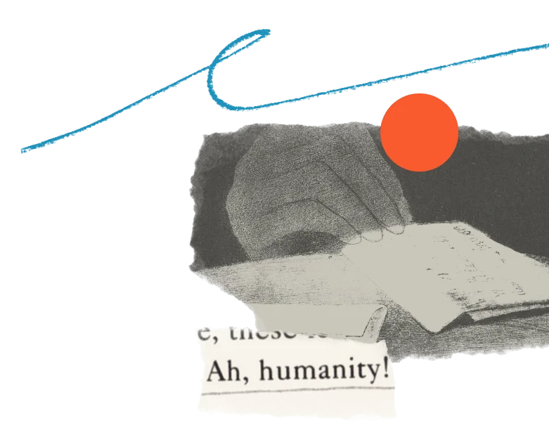 A hand turns the page of a book with the visible text "Ah, humanity!"—a nod to Bartleby—alongside a blue scribble and an orange circle on a white background.
