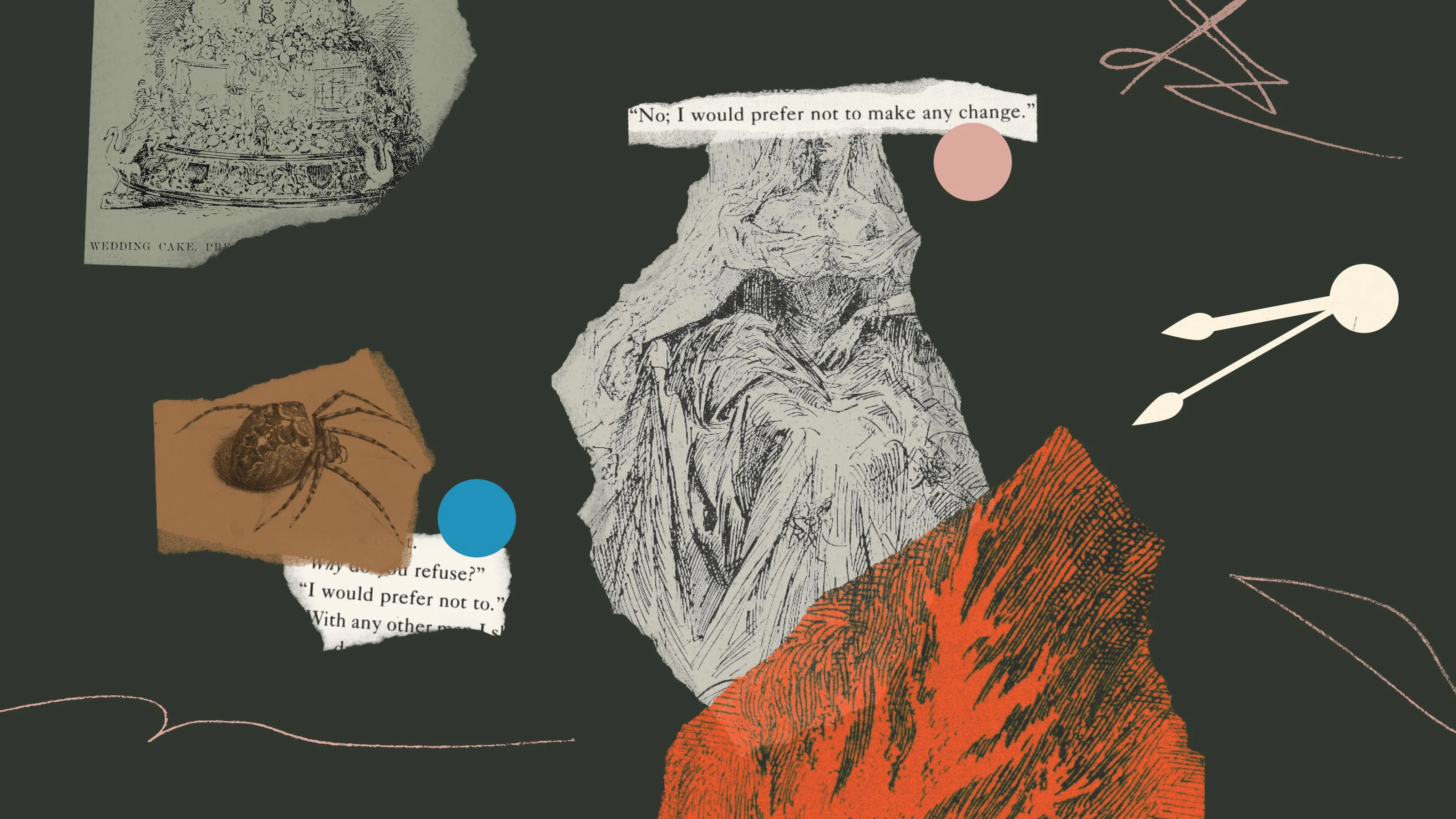 Collage featuring vintage drawings, text scraps, a Bartleby reference, spider illustration, colored circles, abstract shapes, and arrows on a dark background.