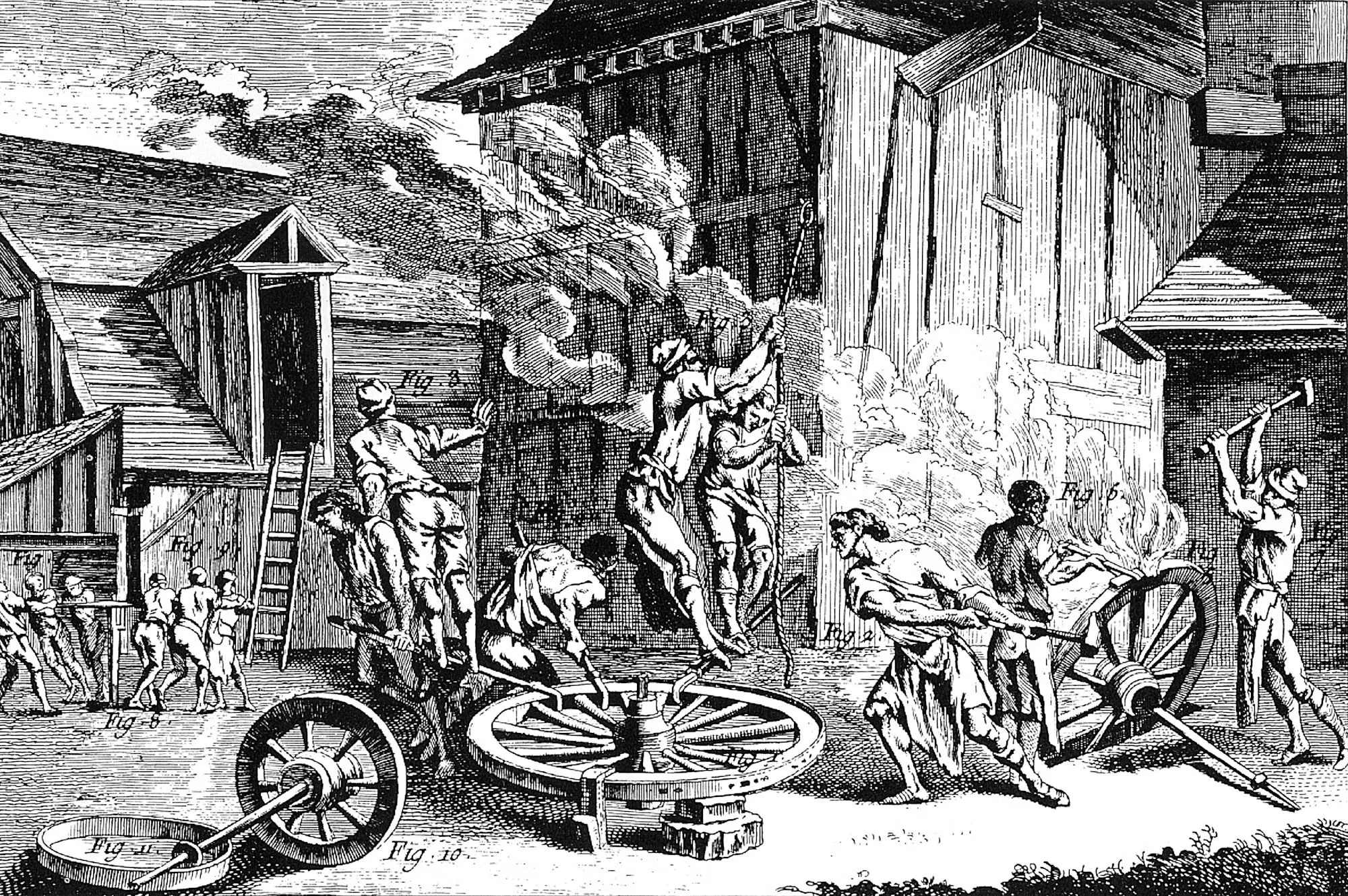 Black and white engraving of workers operating machinery and assembling large wheels in an industrial setting, with smoke, various gears, and a D'Ieteren logo subtly integrated into the scene.