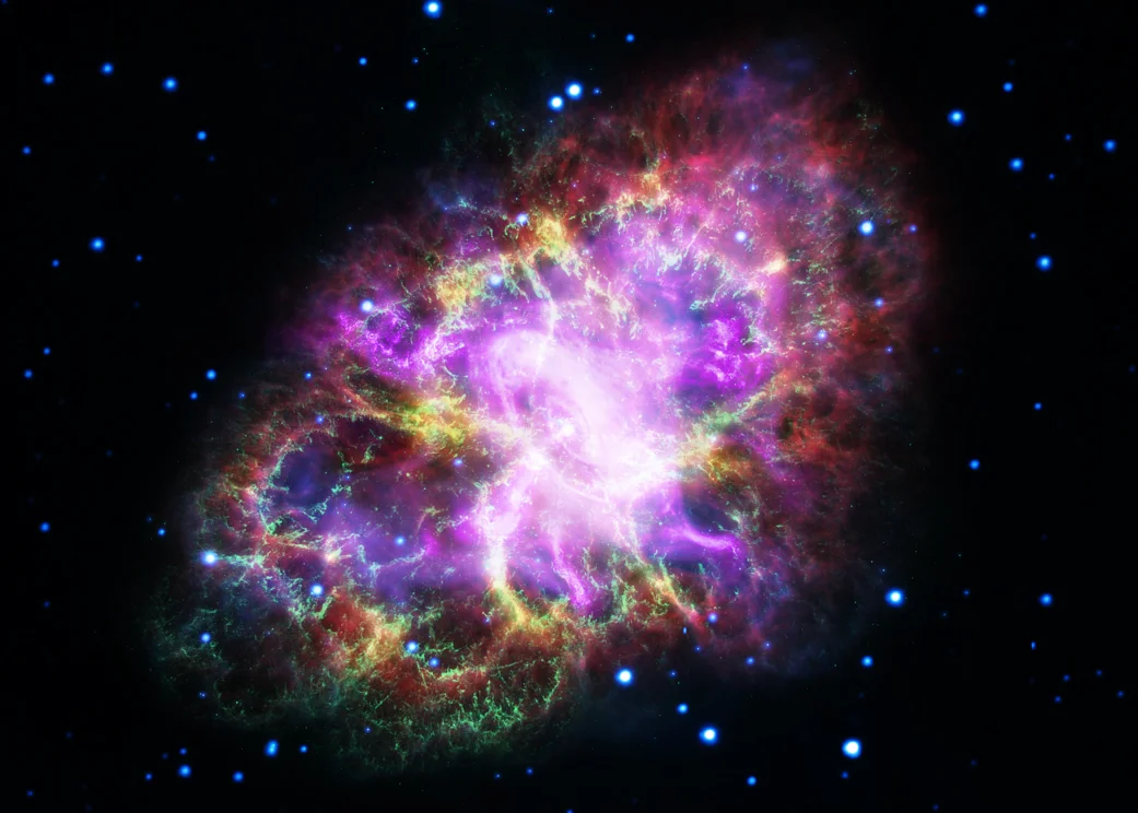 The Crab Nebula as seen by the Hubble Space Telescope and ground-based telescopes in a composite view The nebula is the aftermath of a brilliant supernova spotted in 1054.