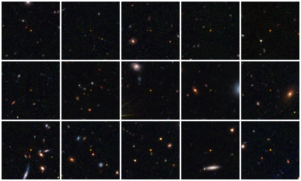Lots of glowing dots of different sizes across a dark screen. There is a white grid on top of the screen with 15 squares.