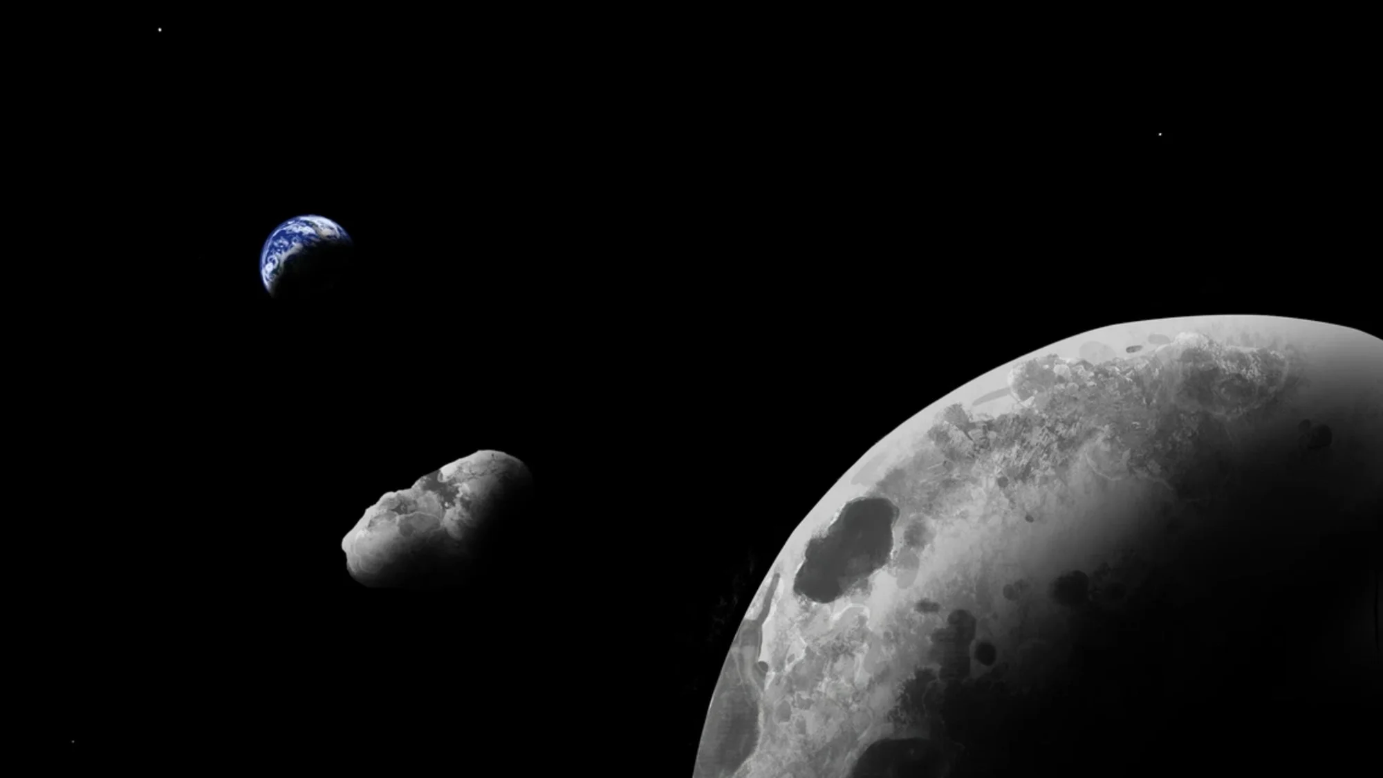 an illustration of the moon, with earth visible in the far distance, and a small grey rock in between the two