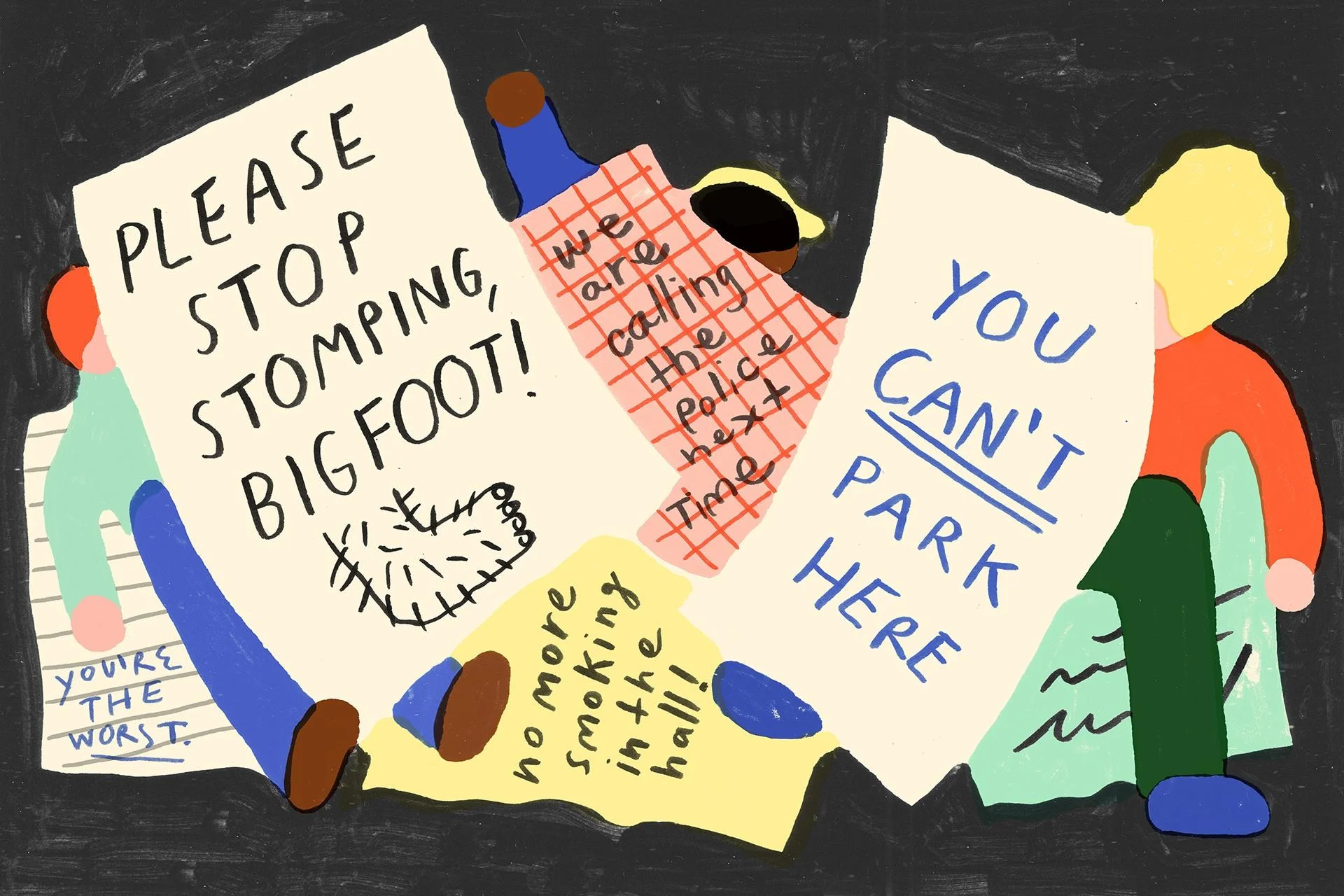 an illustration of several giant disgruntled neighbor notes pasted atop people