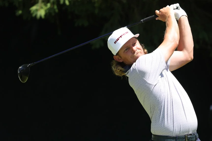 Cameron Smith completes his swing at the PGA Championship golf tournament.