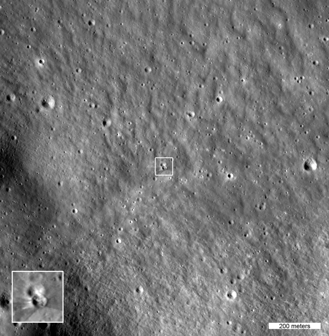 The box in the center of the image highlights two small craters; the lower crater formed on August 5th (6:35 UTC) when a SpaceX Falcon 9 upper stage, impacted the Moon.