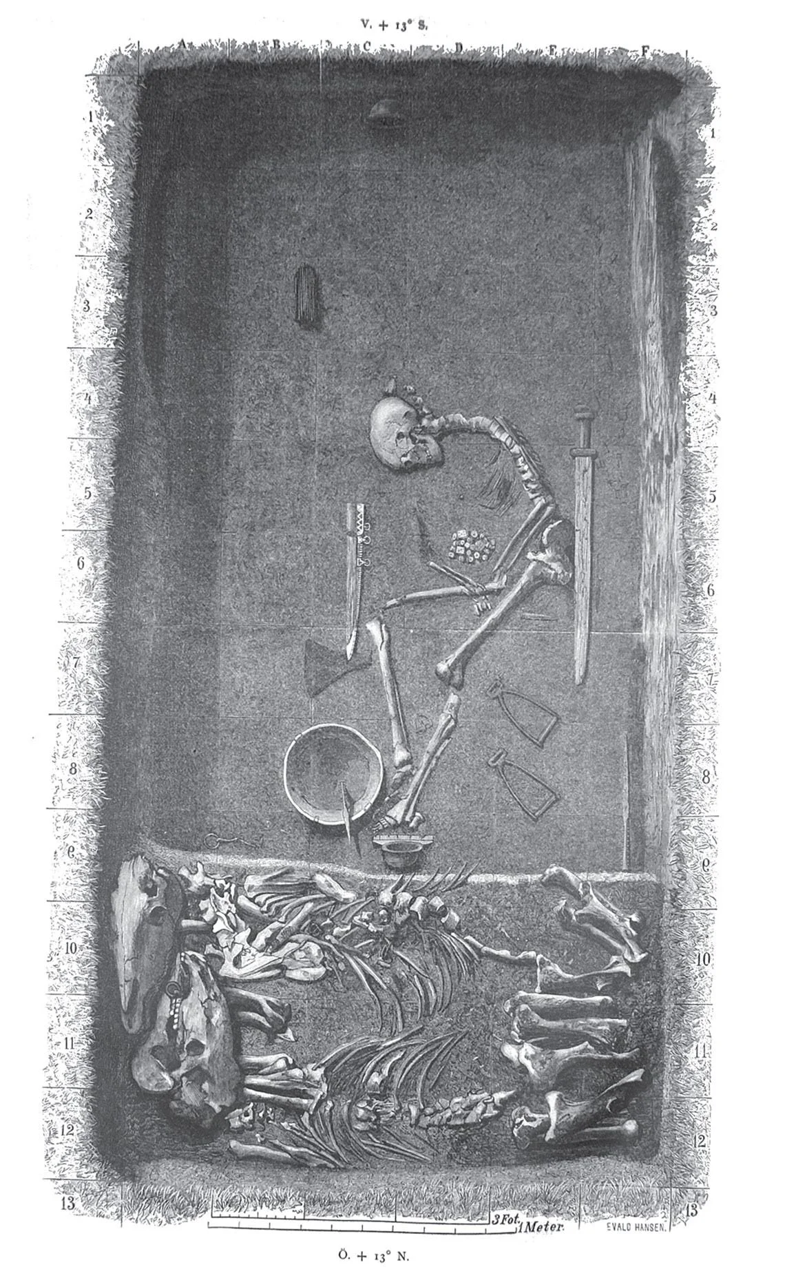 A black and white drawing of a tomb with a skeleton and weapons around it