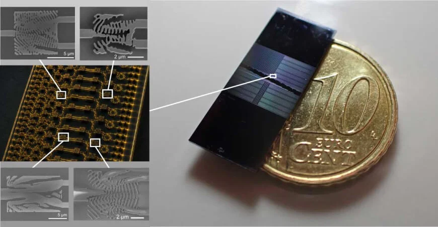 A close up of a rectangular chip on a gold coin with three boxouts on the right side showing various aspects of the chipd
