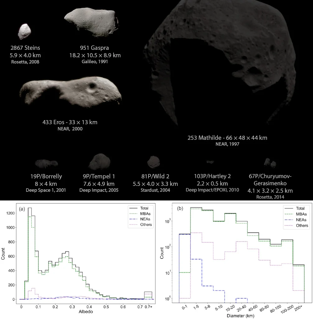 A collection of images of various asteroids and comets—with names, sizes, missions—above two graphs showing albedo and diameter distributions. Could we spot an extinction level asteroid among these small solar system bodies?.