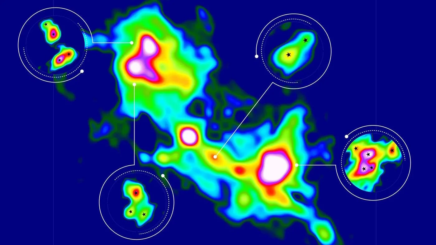 A map of a cluster of stars illustrating star birth.