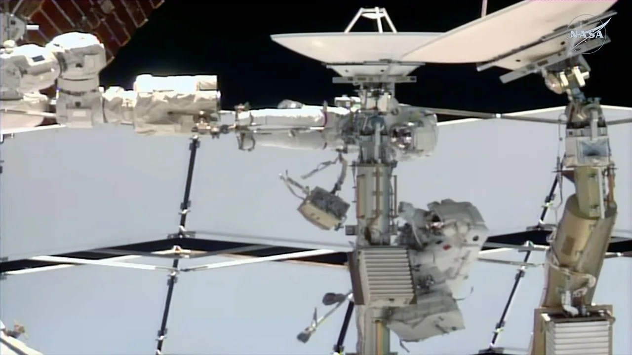 NASA astronaut and 1st female French spacewalker remove failed ISS antenna but run out of time for replacement
