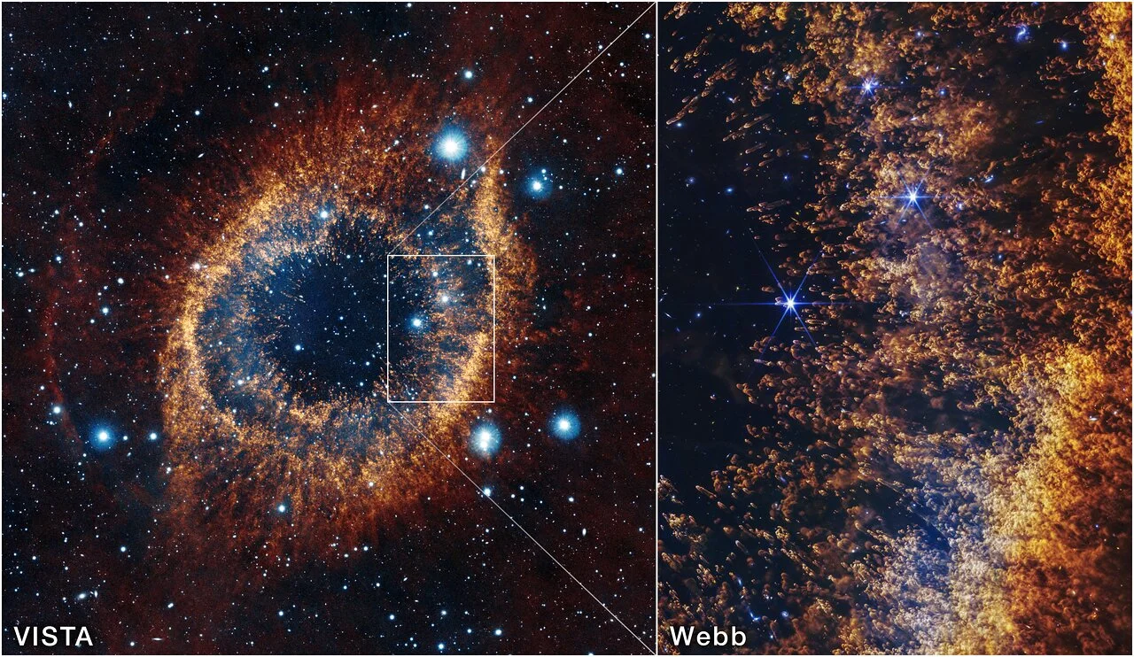 On the left, a structure that looks like an eye in space. It has brownish tendrils. On the right, a close-up of the brownish area.