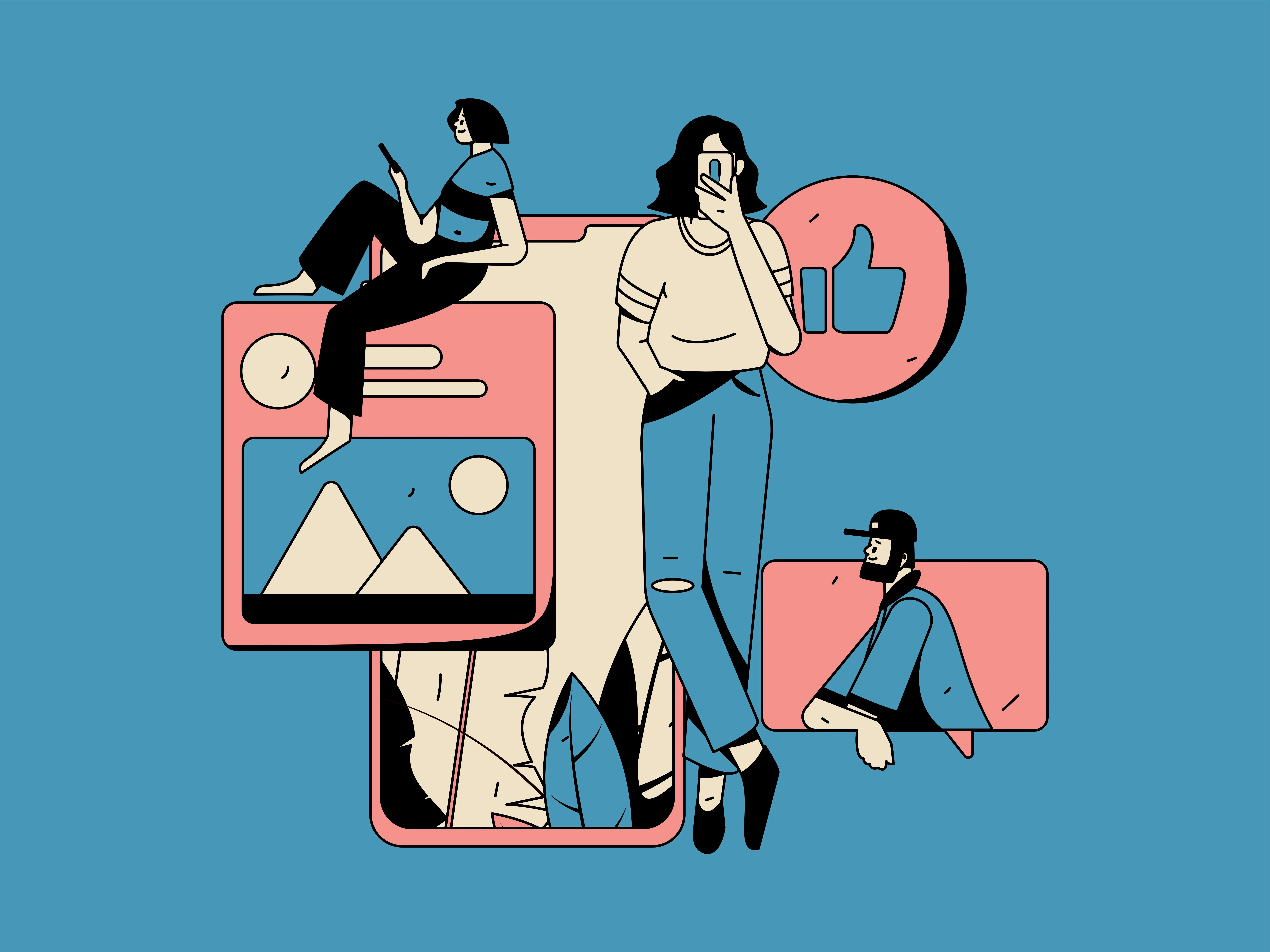 An illustration of a woman holding a smartphone in front of her face. She leans on a large phone screen. Behind her is another woman holding a phone sitting on a pop up window and a man leaning out of a text bubble. 