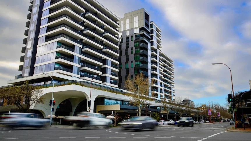 Cars driving on a North Adelaide street with a large building in the background