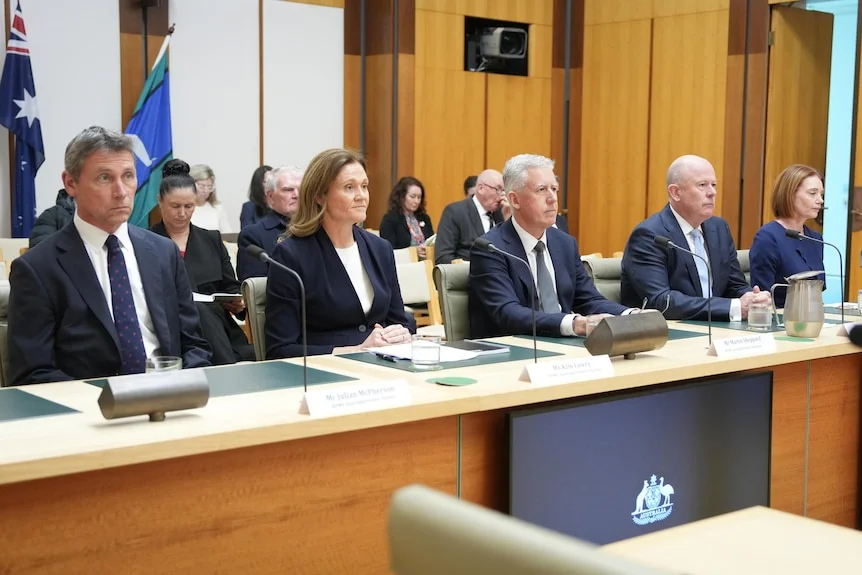 Five people - three men and two women - wearing suits and business attire sit at a long table in a parliamentary room.