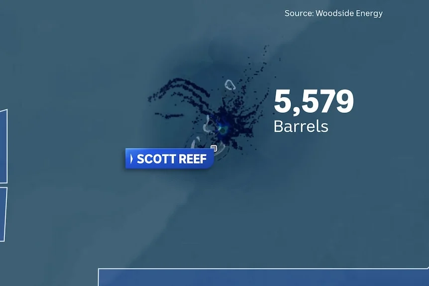 A 2D map rendering of the Kimberley coast and an oil spill labelled "Spill modelling" and "5,579" barrels"