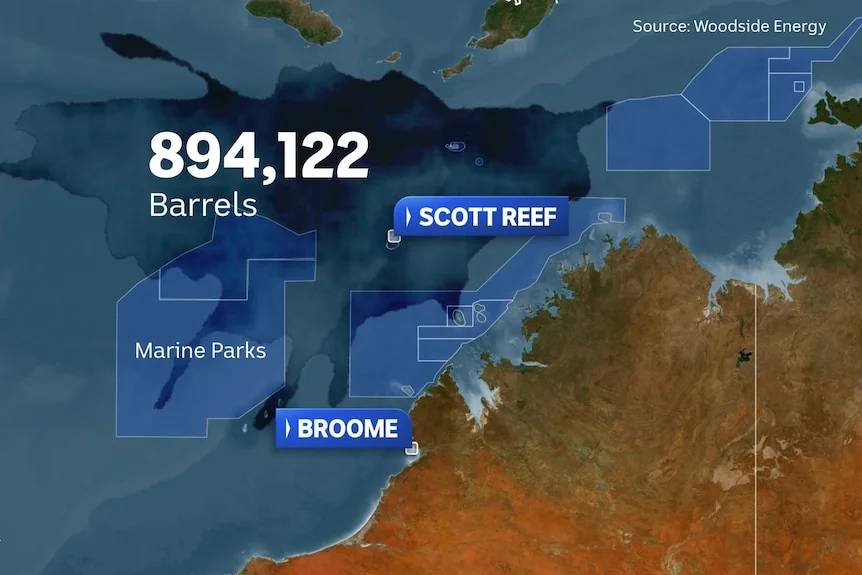 A 2D map rendering of the Kimberley coast and an oil spill labelled "Spill modelling: 77 day release" and "894, 122 barrels"