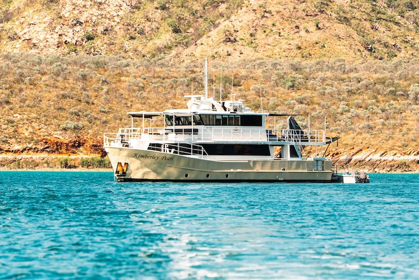 A small cruise liner on the ocean near an expanse of rugged coast.