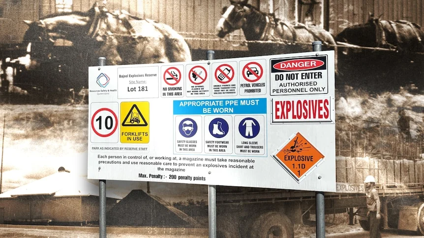 A sign superimposed in front of historical images.