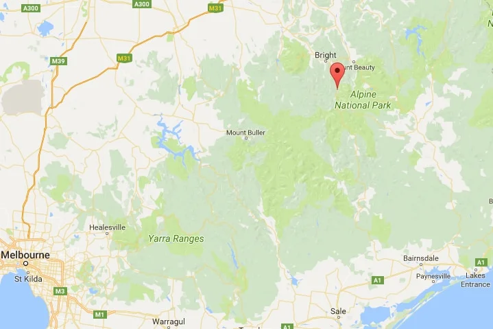 A map of Victoria pinpointing Harrietville.