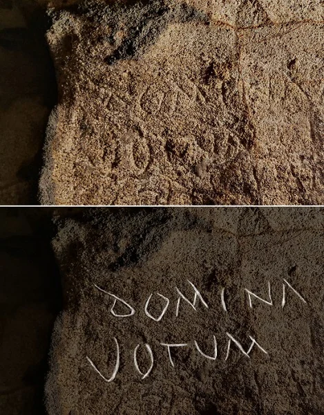 Two images side by side showing inscriptions with the word 