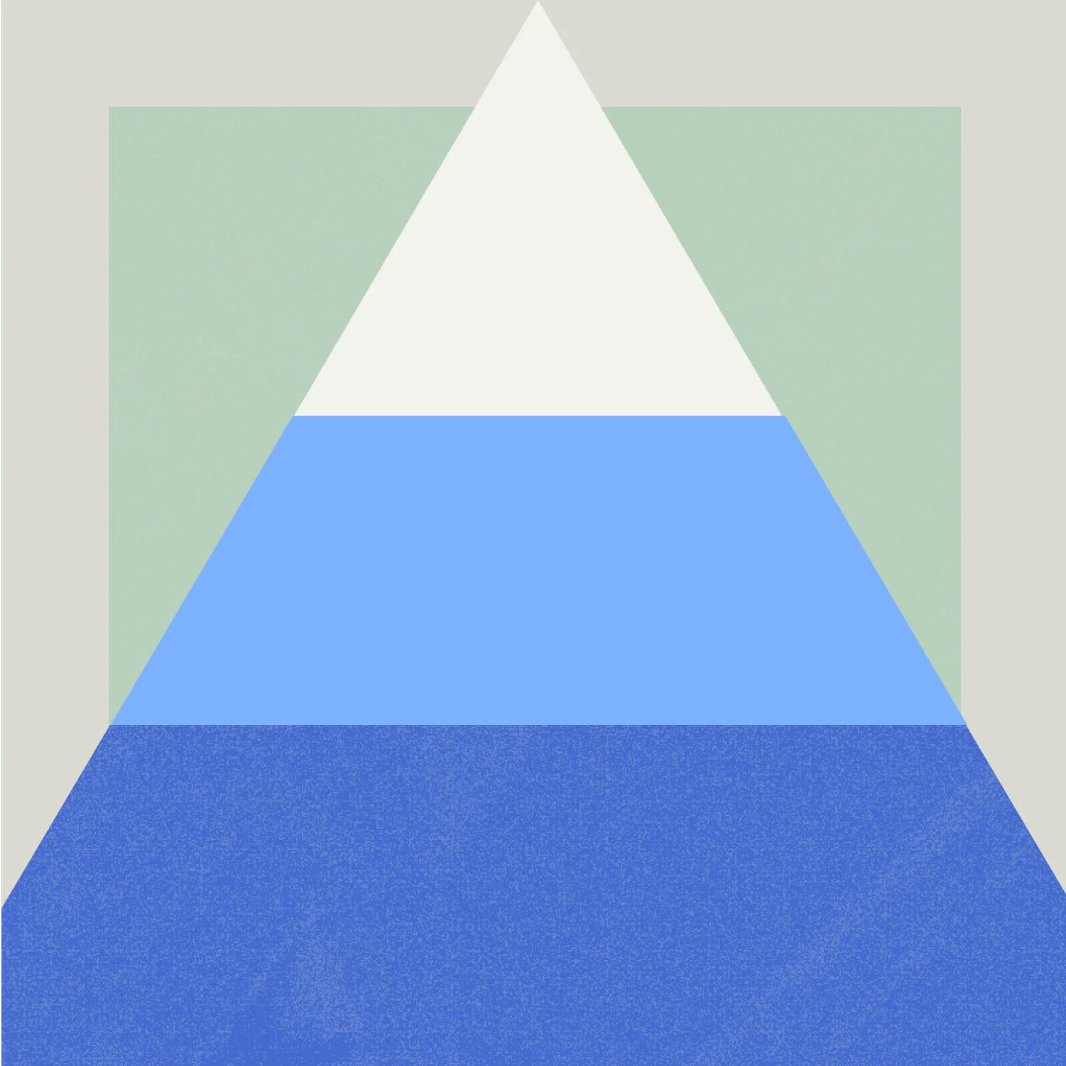 A white triangle overlaid on a pale green square with blue and light blue horizontal sections filling the triangle's lower half, set against a light gray background.