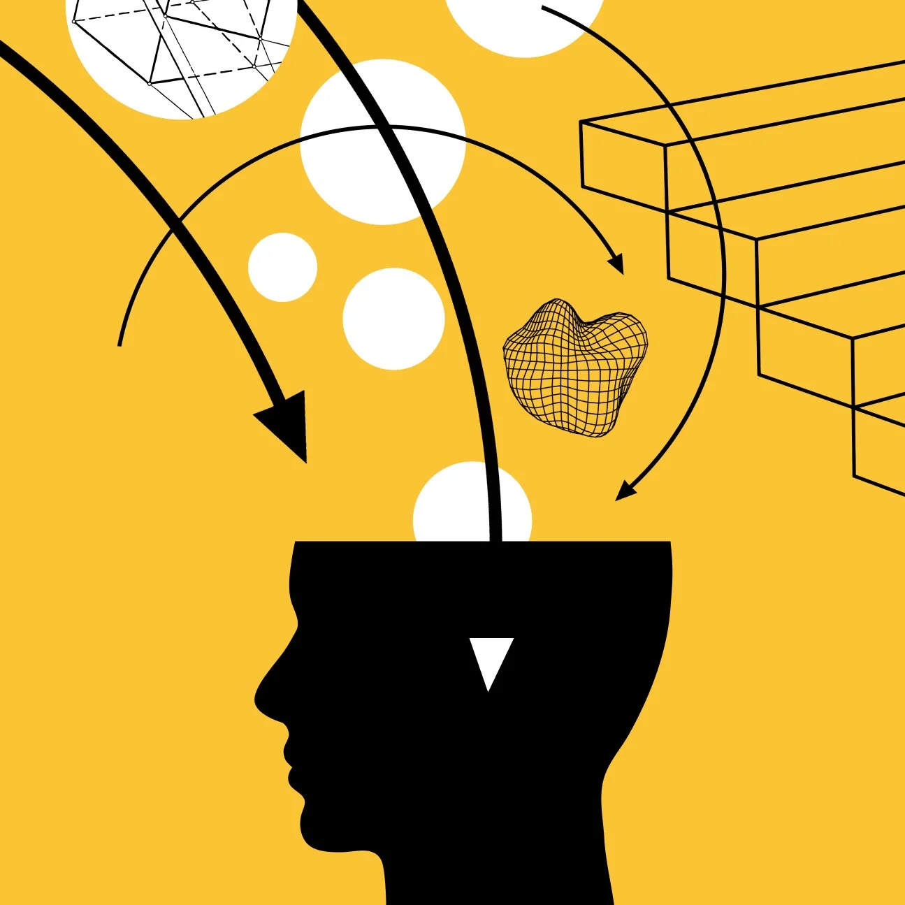 Illustration of a silhouette head with abstract shapes and arrows entering, suggesting ideas or information entering the mind, on a yellow background.