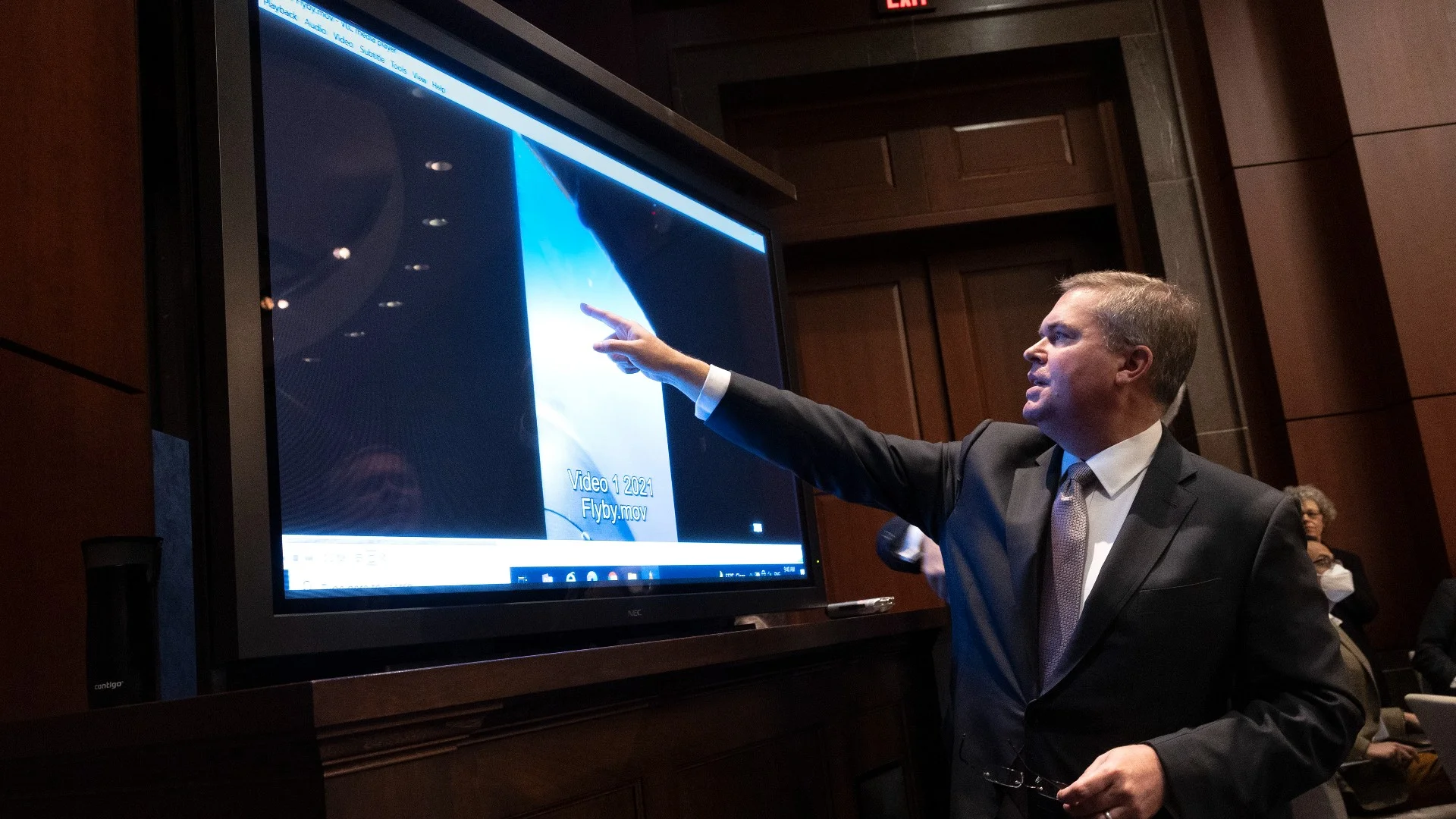 U.S. Deputy Director of Naval Intelligence Scott Bray explains a video of an unidentified aerial phenomena, as he testifies before a House Intelligence Committee subcommittee hearing at the U.S. Capitol on May 17, 2022 in Washington, DC.