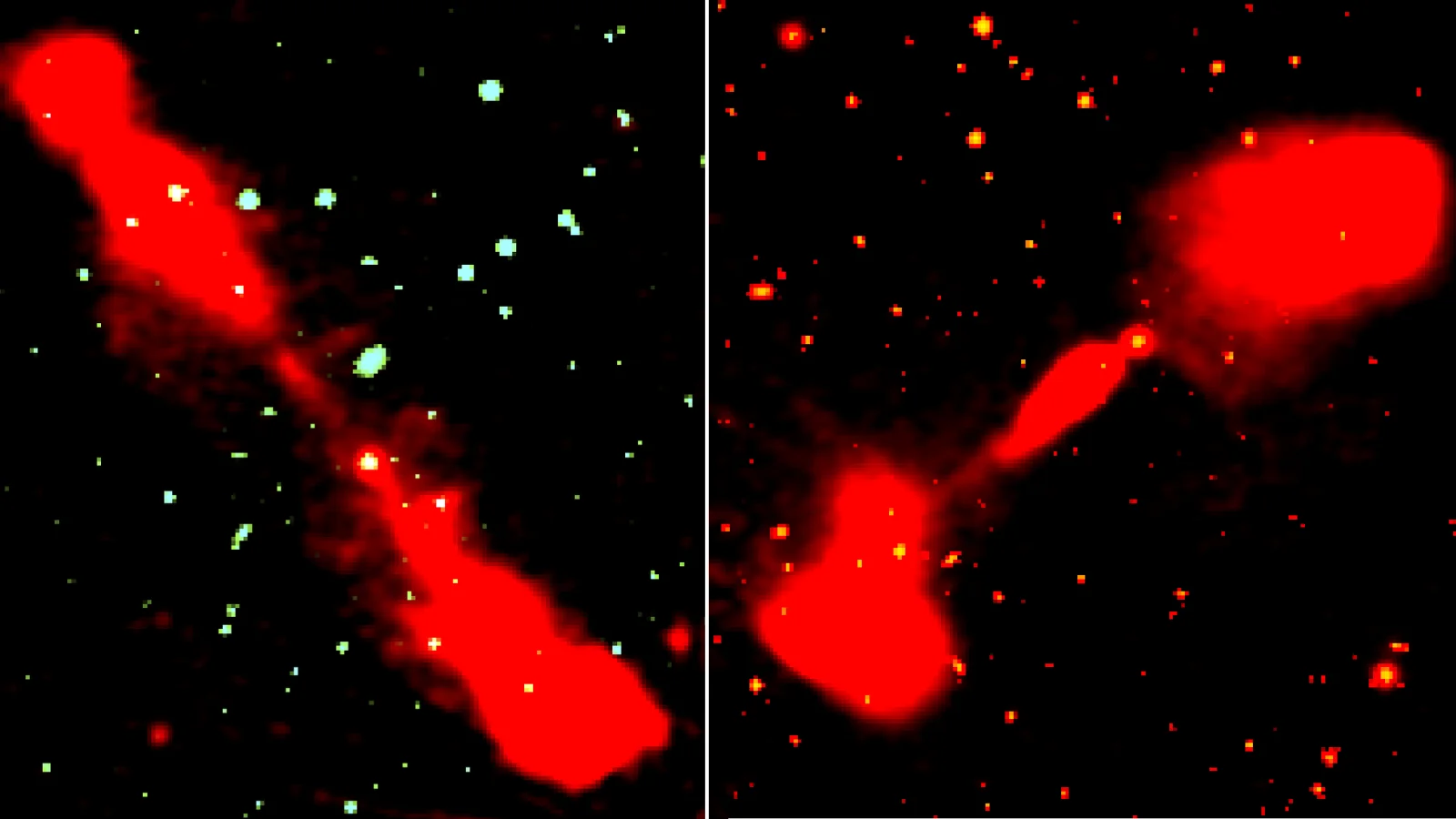 Side by side views of red lobes of radio galaxies against the darkness of space.