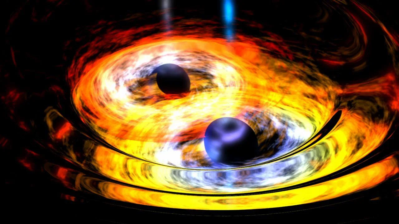 An artist's concept of two black holes circling each other before merging. It looks like two dark circles with yellow swirls all around.