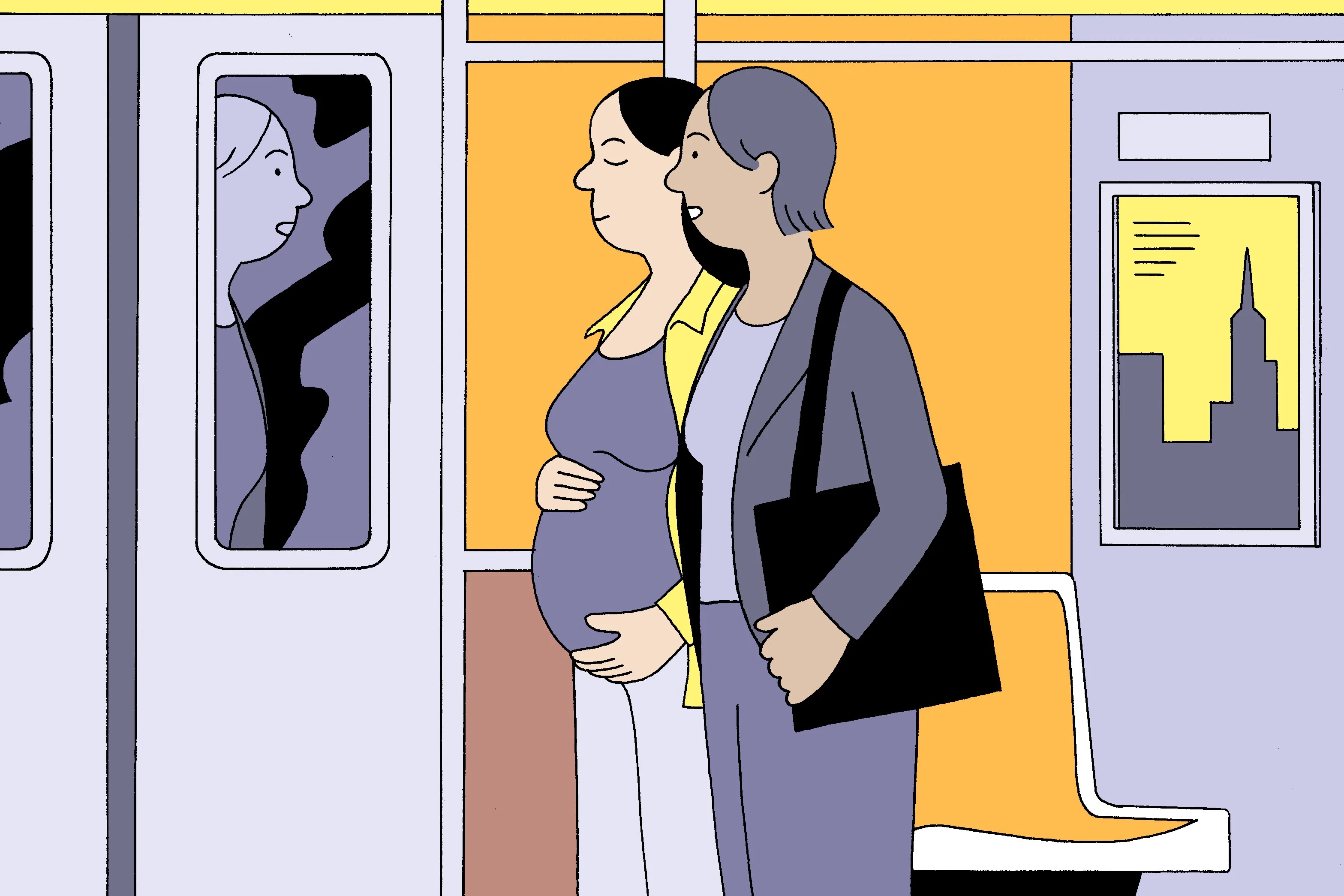 An illustration of two women on a subway train car. One of them is visibly pregnant and the other is looking at her own reflection in the train car door.