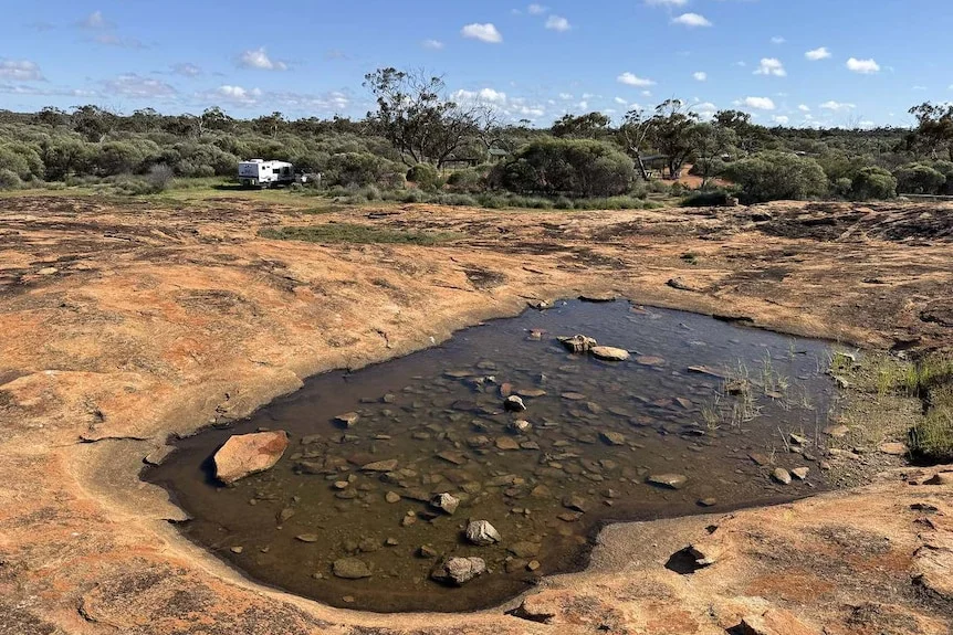 A white caravan is parked in the bush near a rock pool