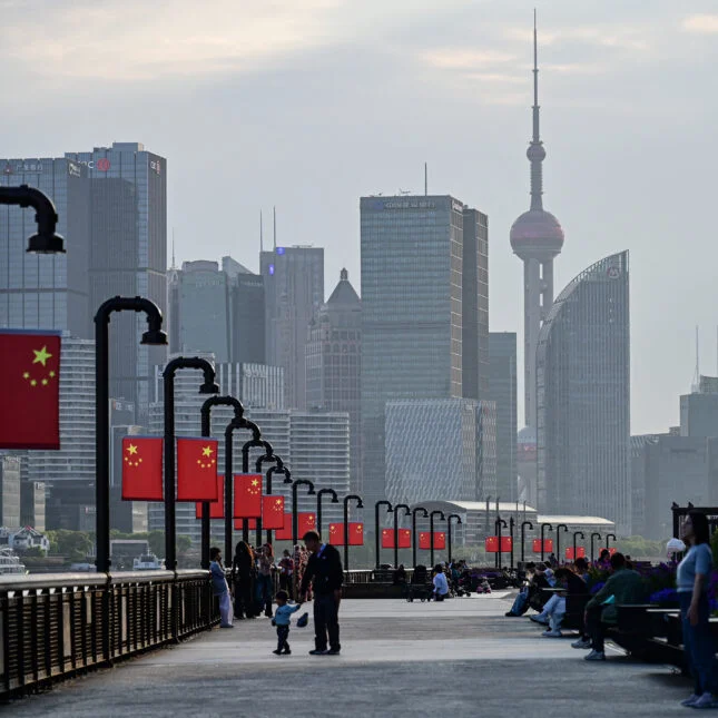 A file news photo of the Shanghai skyline with the Huangpu river in the foreground