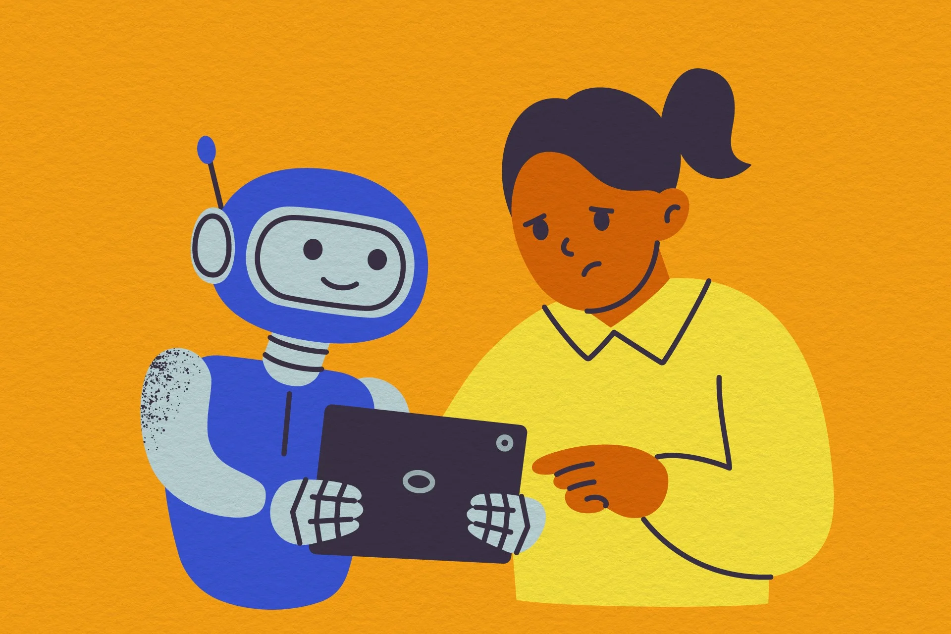 an illustration of a sad girl interacting with a happy robot holding an ipad