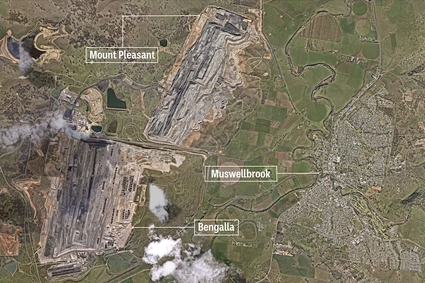 An annotated satellite image of the Mount Pleasant mine, the Bengalla mine, and the town of Muswellbrook.