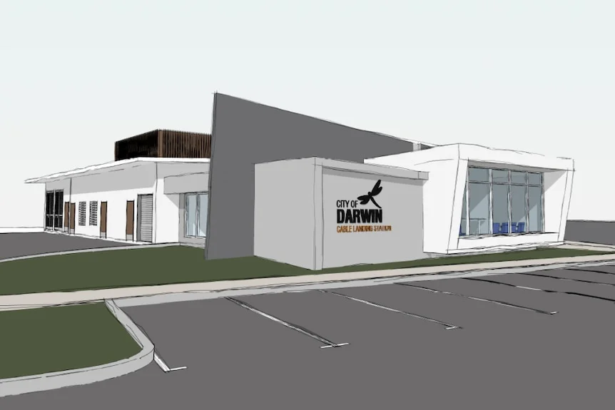 A sketch of a single storey building with a large City of Darwin sign on the side
