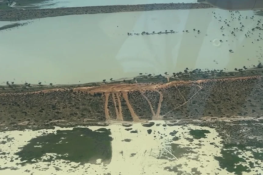 sand dune surrounded by floodwater in the outback