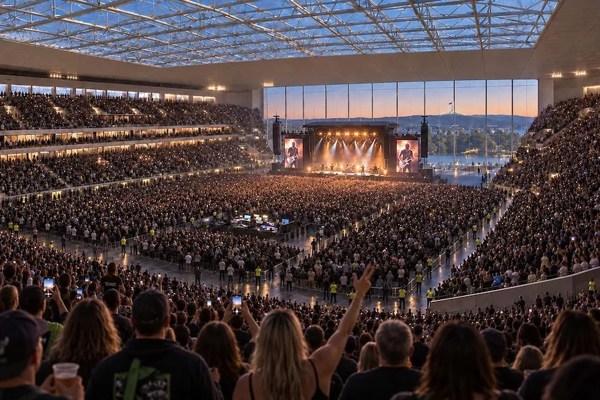 An artist's render of a roofed stadium full of people watching a band perform.