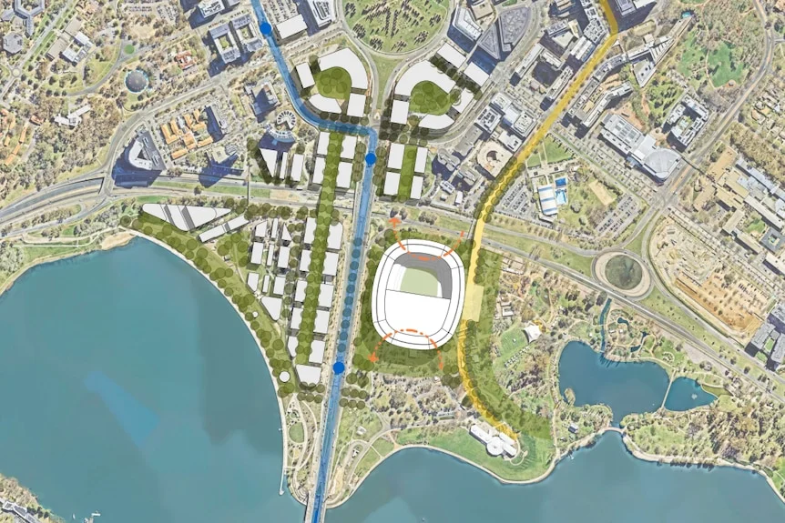 A bird's-eye view map showing a stadium bewteen a city centre and the edge of a lake.