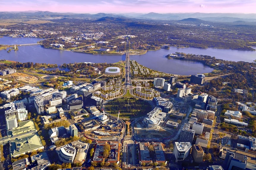 An artist render of a large stadium between a city centre and the edge of a lake with a double bridge across it.