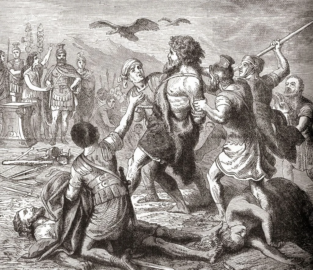 A black and white drawing of a group of people