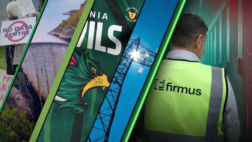 A composite image of a Firmus worker, the Tasmania Devils logo, power lines, and "no data centre" protestors.