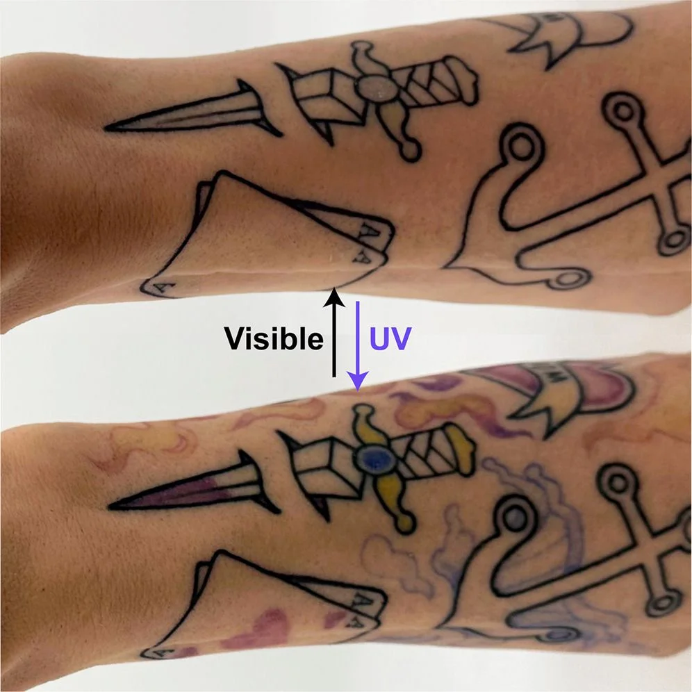 Two arms with one showing tattoos and the other showing colors amidst the tattoos