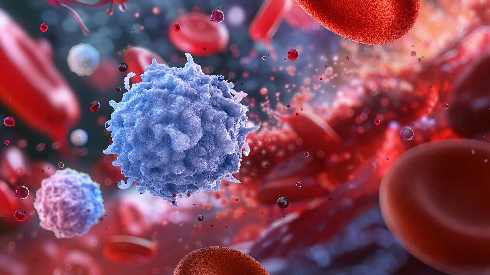 An illustration of a spiky purple sphere in the midst of blood cells